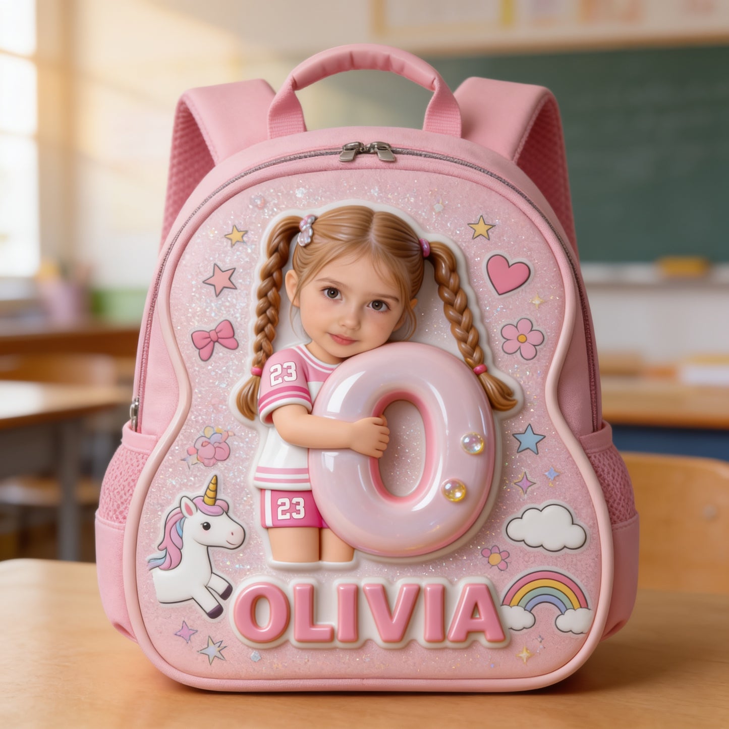 Sac à dos personnalisé 3D mignon fille rose paillettes avec nom pour la rentrée