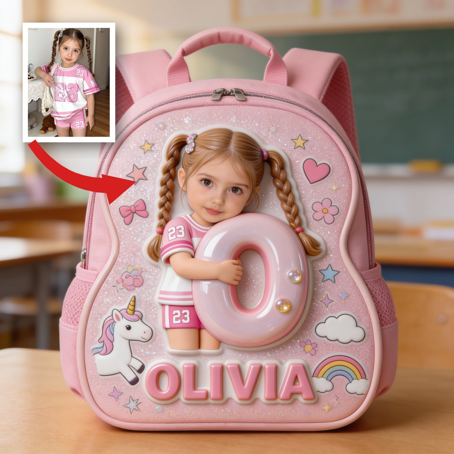 Sac à dos personnalisé 3D mignon fille rose paillettes avec nom pour la rentrée