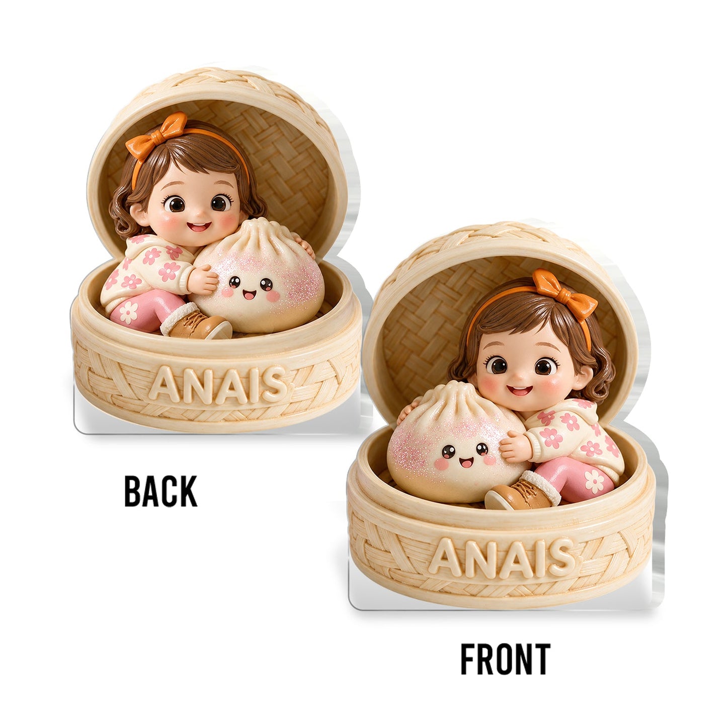 Niedliche Chibi-Mädchenfigur umarmt Kawaii-Dumpling - Personalisierte doppelseitige Acrylplakette