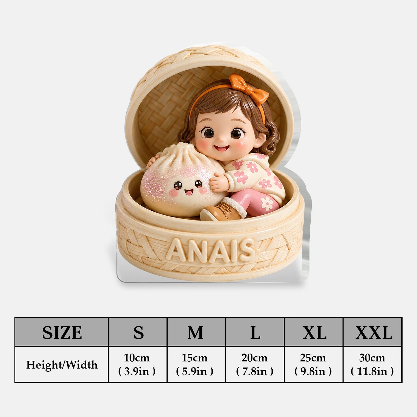 Niedliches schwarzes Baby mit lockigen Haaren und Kawaii-Dumpling, personalisierte doppelseitige Acrylplakette, individuelles Kindergeschenk