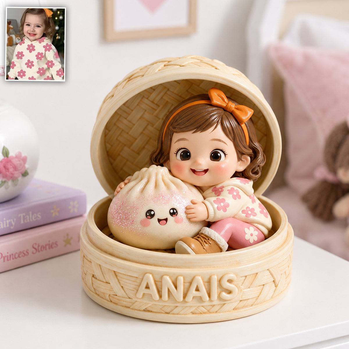 Niedliches Baby mit lockigen Haaren und Kawaii-Dumpling - Personalisierte 2-seitige Acrylplakette