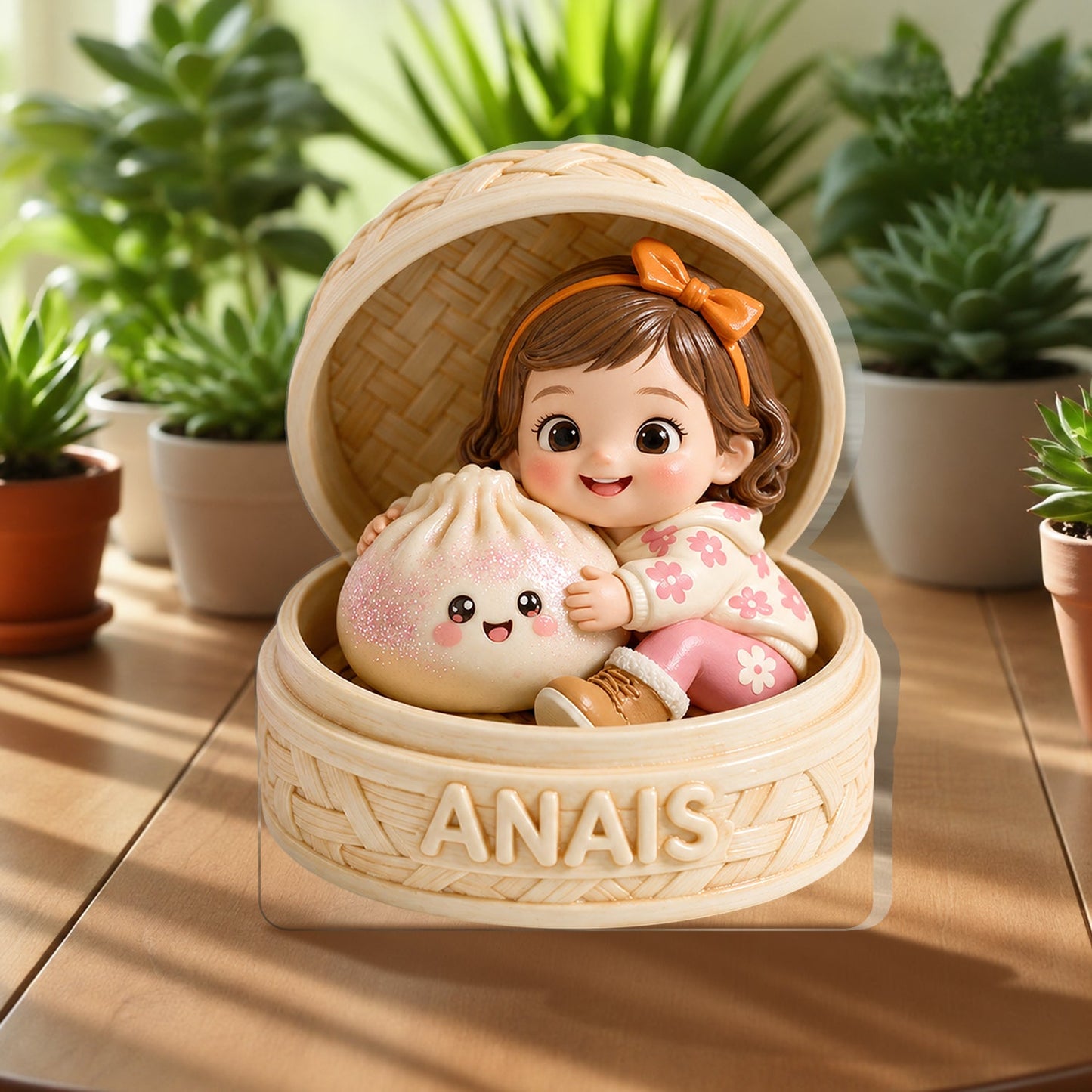 Niedliches Baby mit lockigen Haaren und Kawaii-Dumpling - Personalisierte 2-seitige Acrylplakette