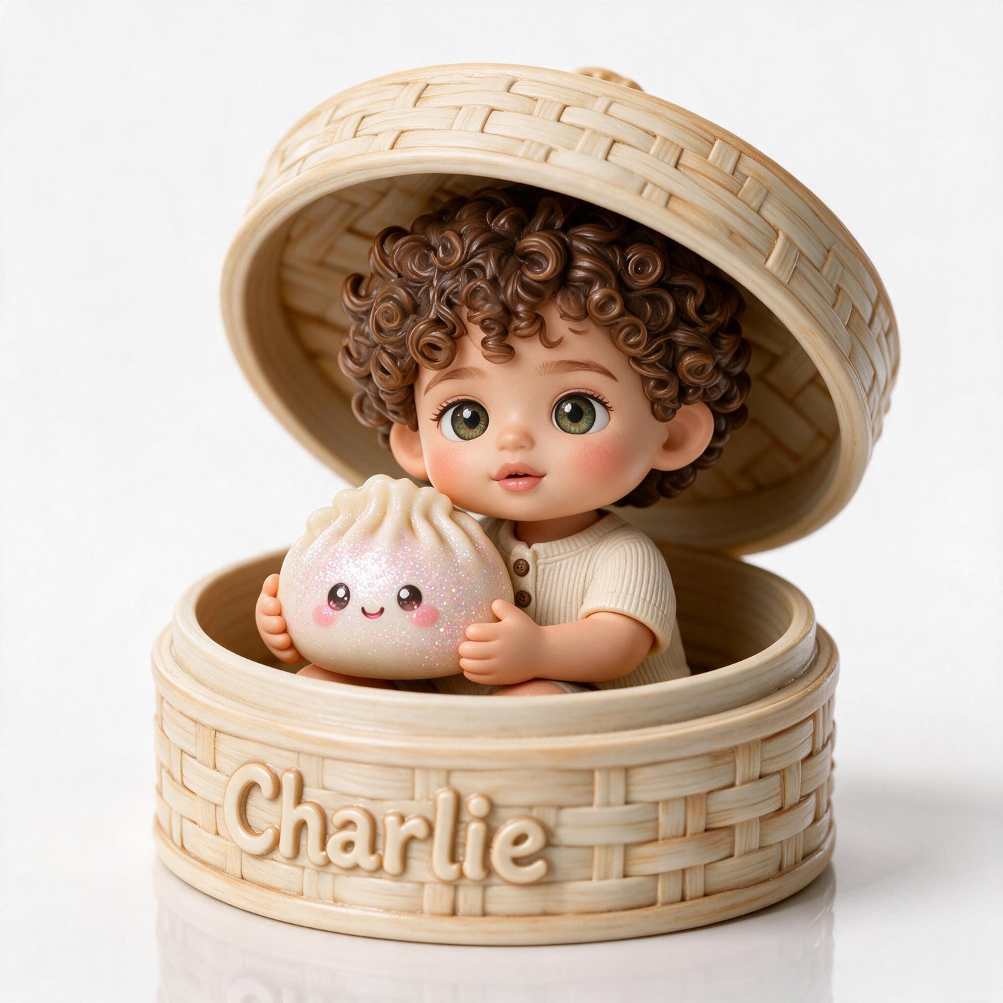 Niedliches Baby mit lockigen Haaren und Kawaii-Dumpling - Personalisierte 2-seitige Acrylplakette