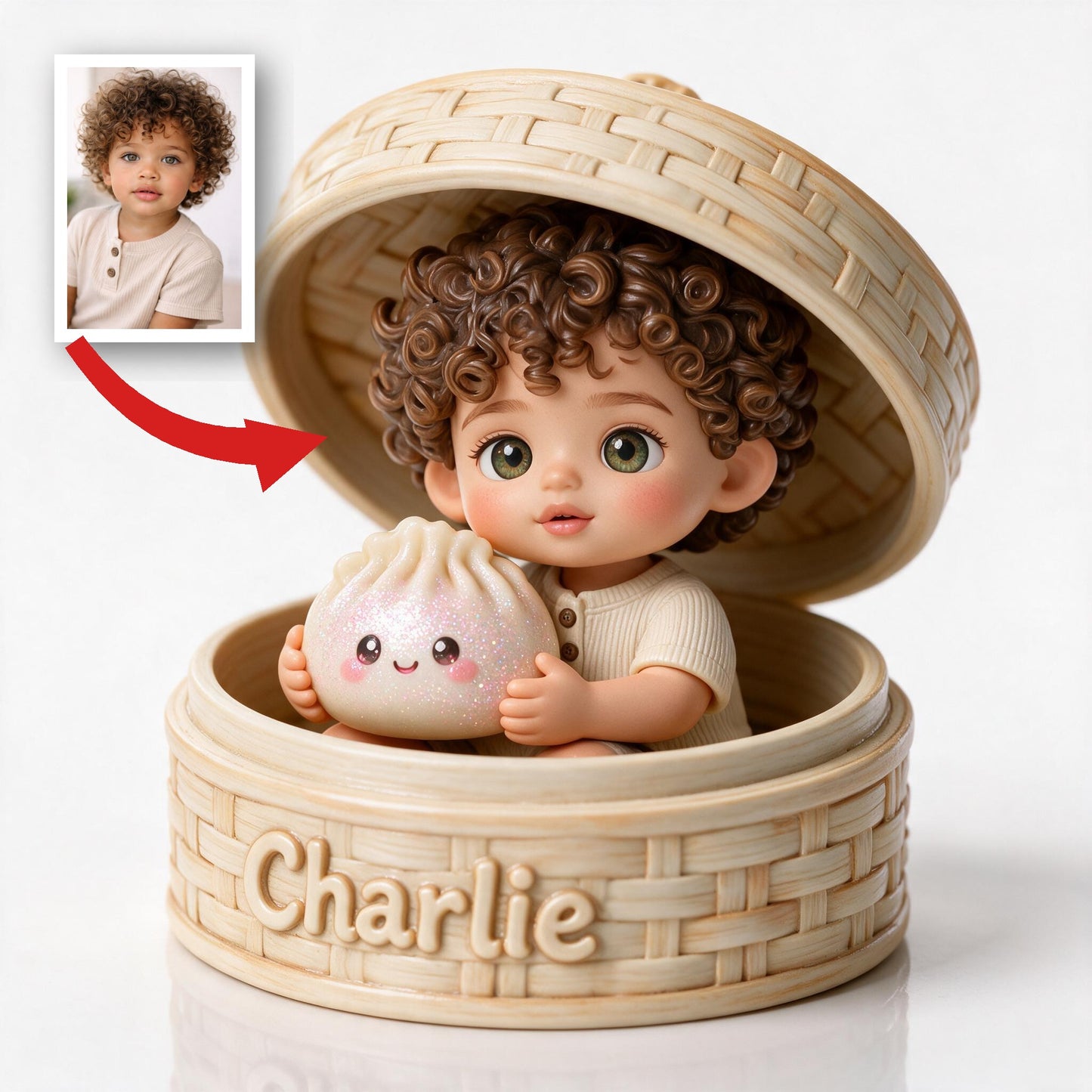 Niedliches Baby mit lockigen Haaren und Kawaii-Dumpling - Personalisierte 2-seitige Acrylplakette