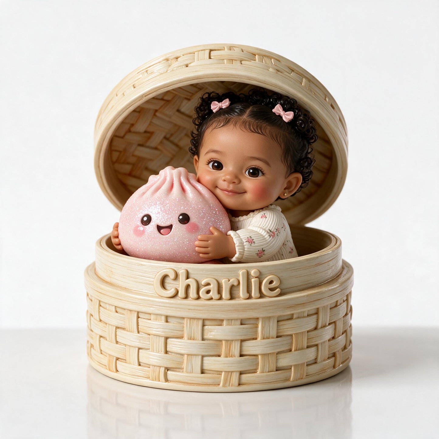 Plaque Acrylique Personnalisée 2 Faces Bébé Latin aux Cheveux Bouclés avec Ravioli Rose