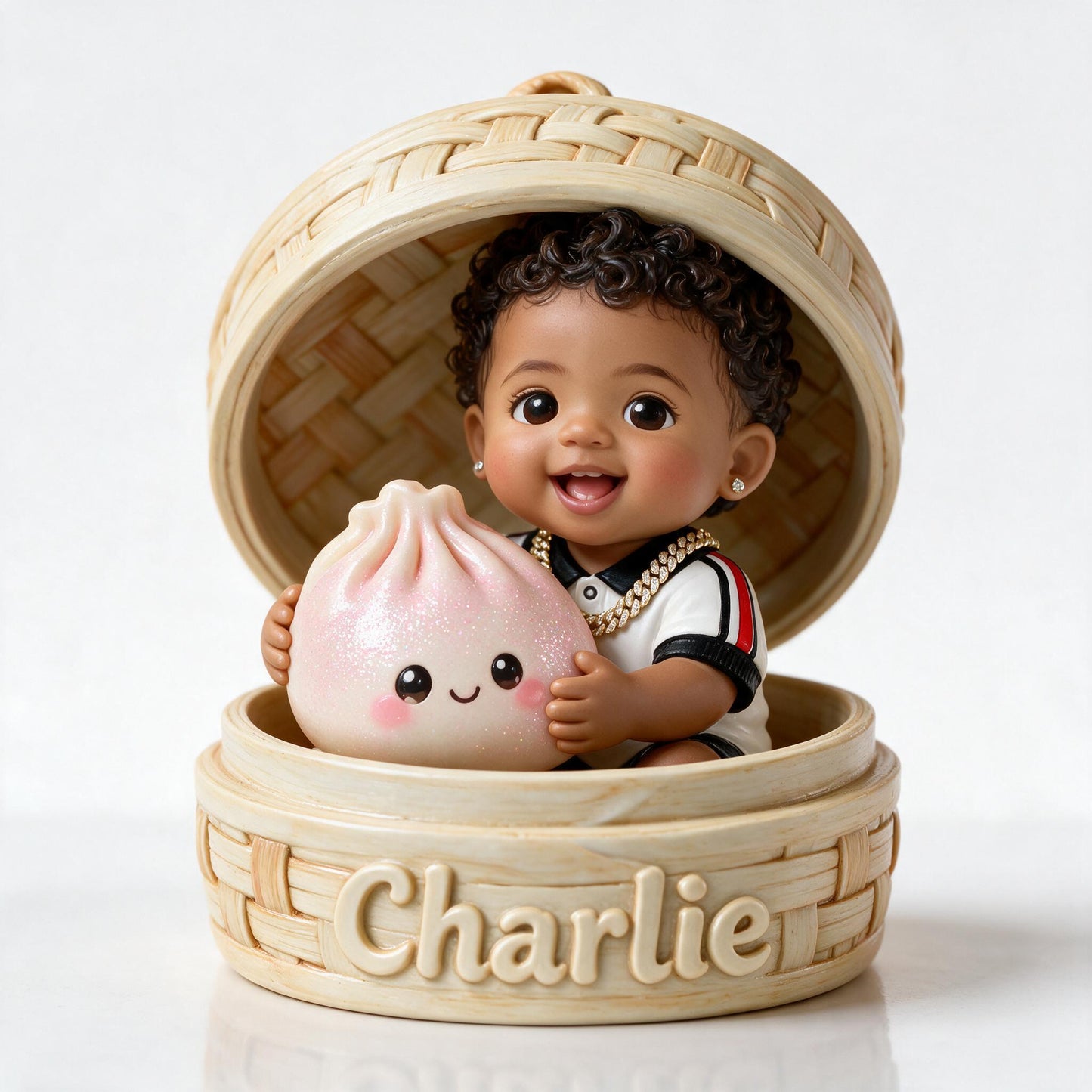 Niedliches schwarzes Baby mit lockigen Haaren und Kawaii-Dumpling, personalisierte doppelseitige Acrylplakette, individuelles Kindergeschenk