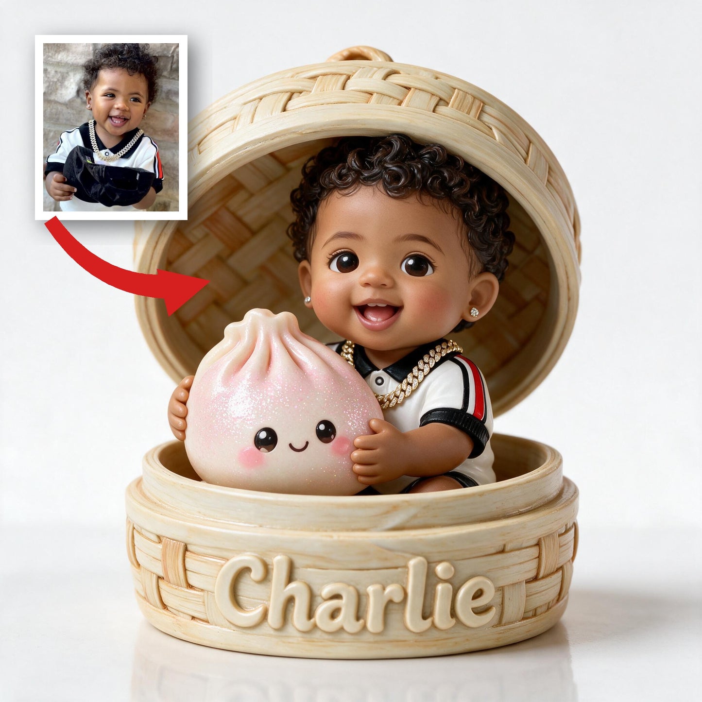 Niedliches schwarzes Baby mit lockigen Haaren und Kawaii-Dumpling, personalisierte doppelseitige Acrylplakette, individuelles Kindergeschenk