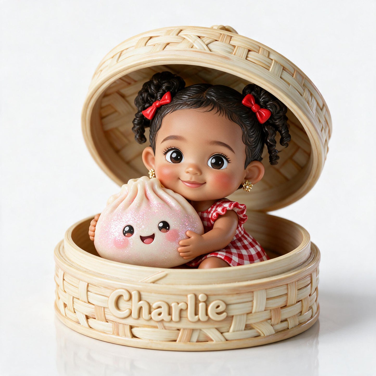 Niedliche Chibi Schwarze Baby-Mädchen mit Kawaii Teigtasche Personalisierte 2-Seiten Bedruckte Acrylplakette Kinder Geschenk Andenken
