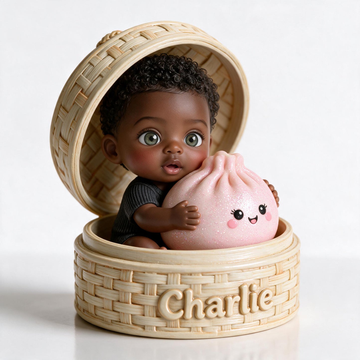 Niedliches schwarzes Baby mit lockigen Haaren und kawaii pinkem Knödel, personalisierte 2-seitige Acrylplakette, individuelles Kindergeschenk