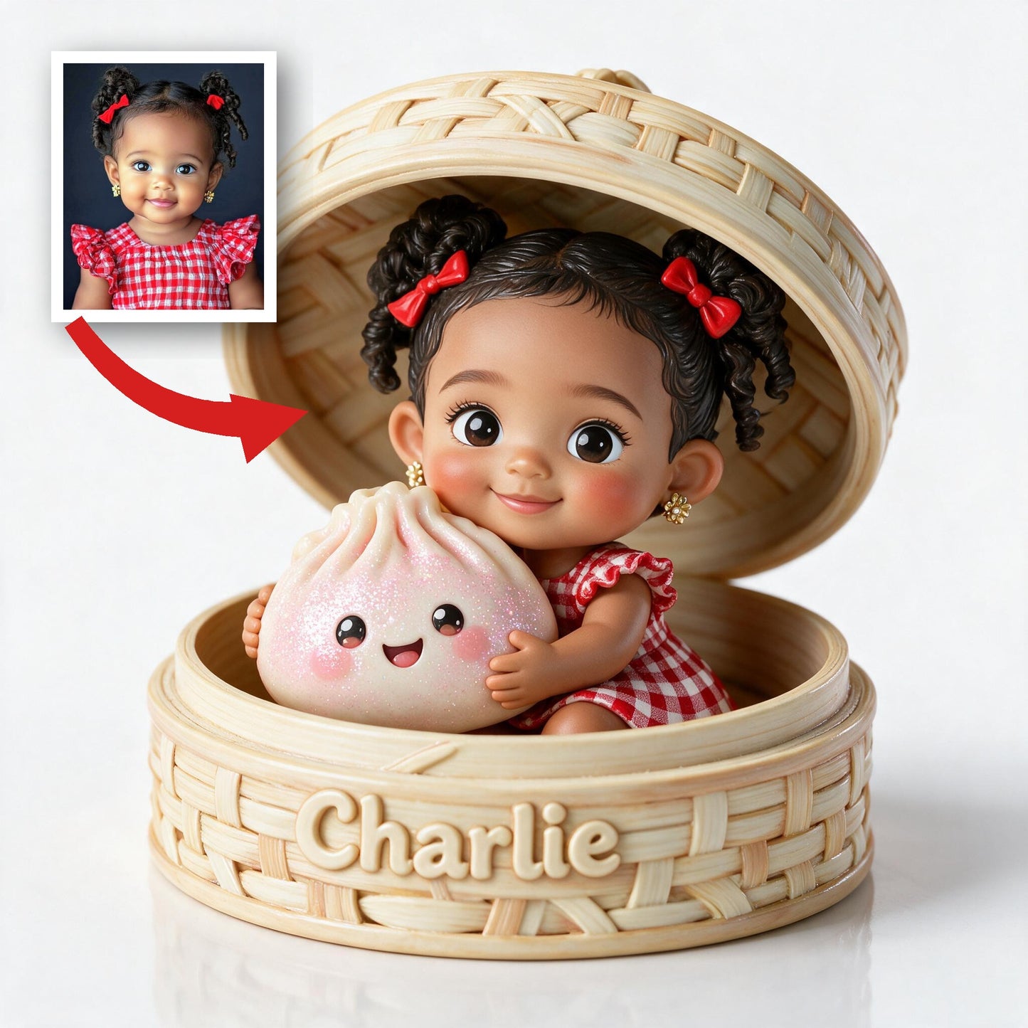 Niedliche Chibi Schwarze Baby-Mädchen mit Kawaii Teigtasche Personalisierte 2-Seiten Bedruckte Acrylplakette Kinder Geschenk Andenken