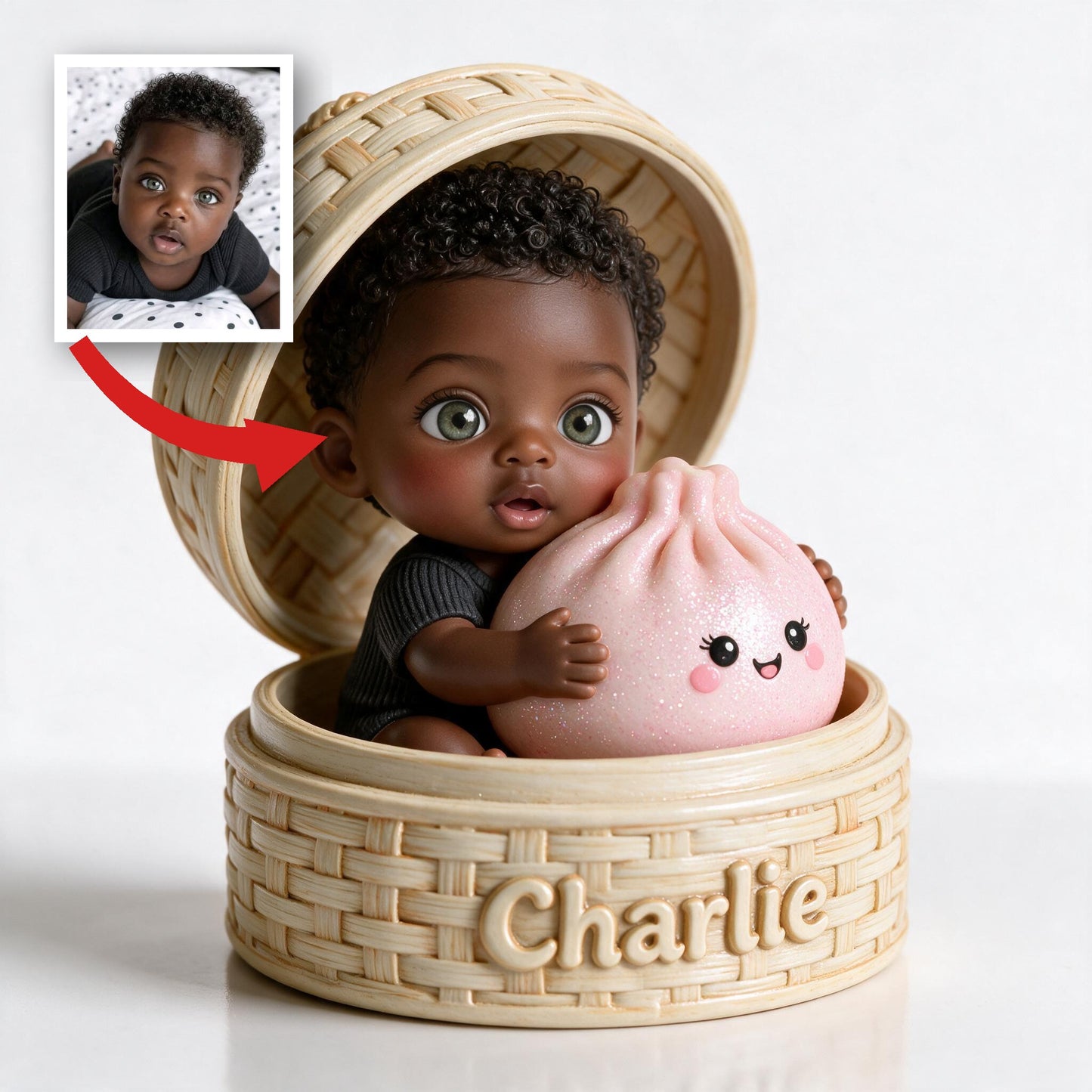 Niedliches schwarzes Baby mit lockigen Haaren und kawaii pinkem Knödel, personalisierte 2-seitige Acrylplakette, individuelles Kindergeschenk