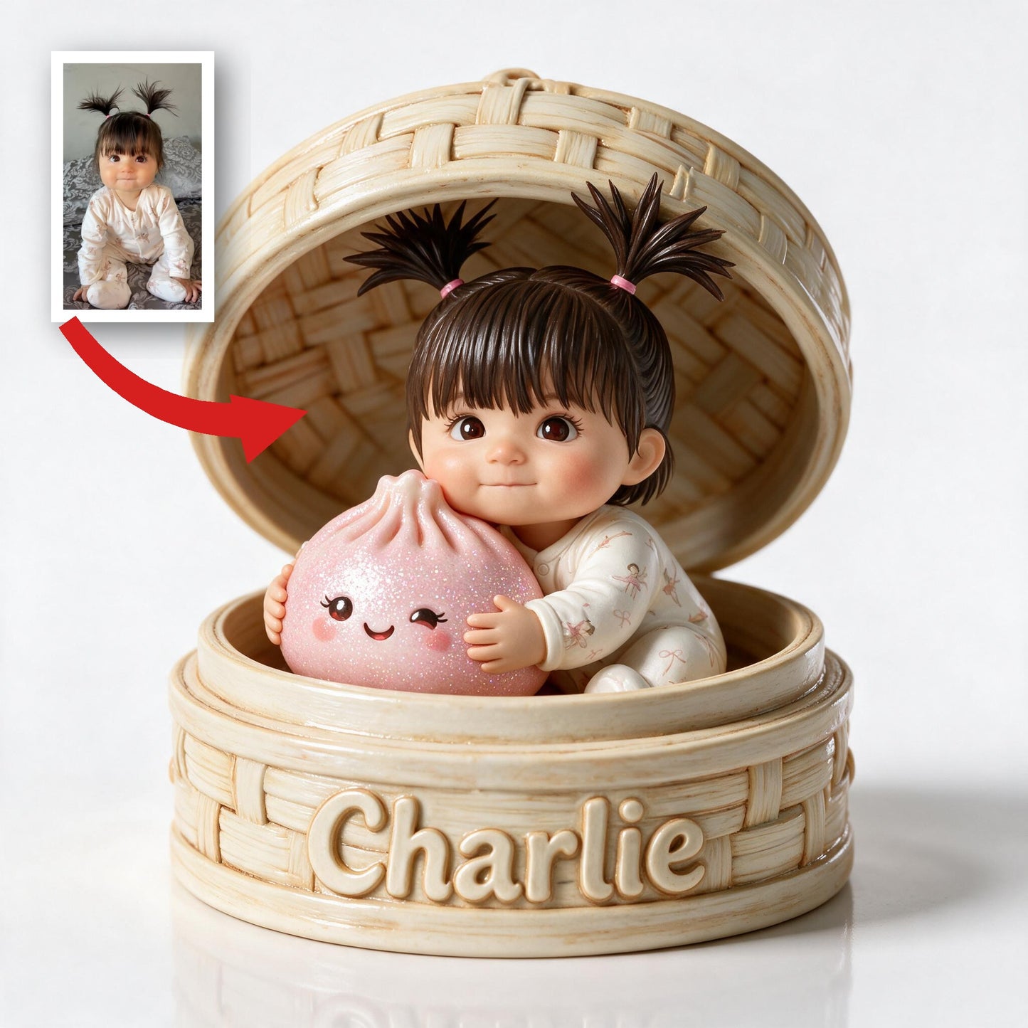 Plaque Acrylique Personnalisée Double-Face avec Bébé Kawaii et Ravioli