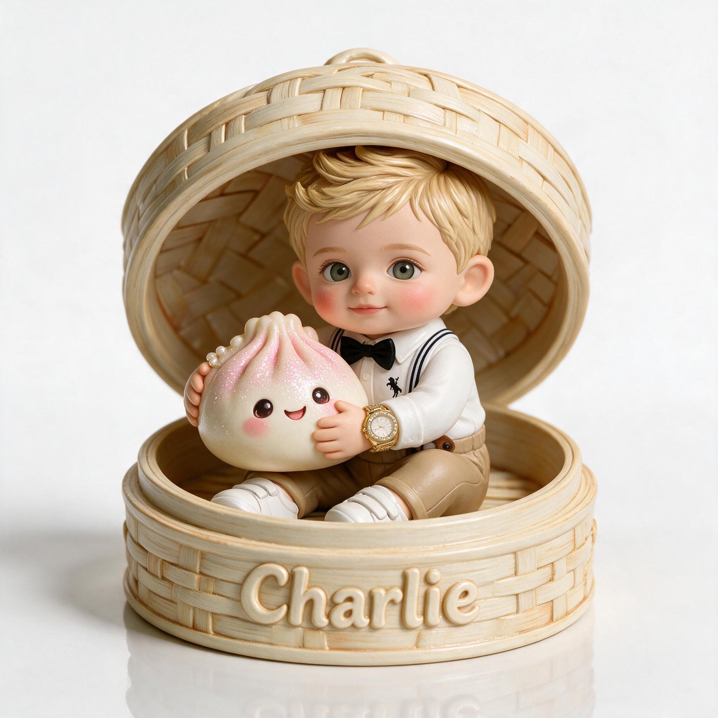 Niedliche personalisierte blonde Babyjunge Bambusdampfer 2-seitige bedruckte Acrylplakette, individuelles Kindergeschenk