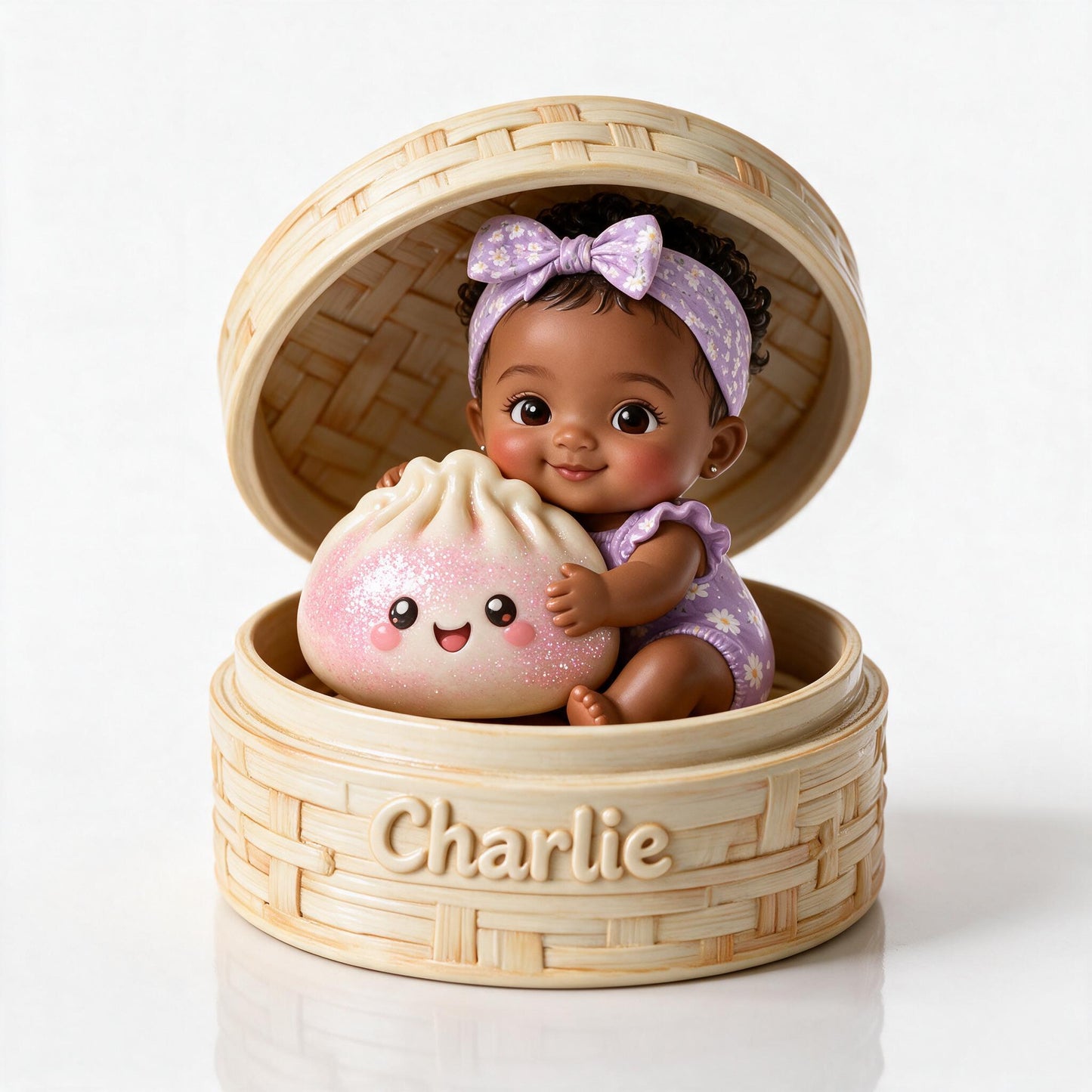 Plaque Acrylique Personnalisée Adorable Bébé Noir dans un Cuiseur Vapeur en Bambou avec Ravioli Mignon, Cadeau Souvenir pour Nouveau-né