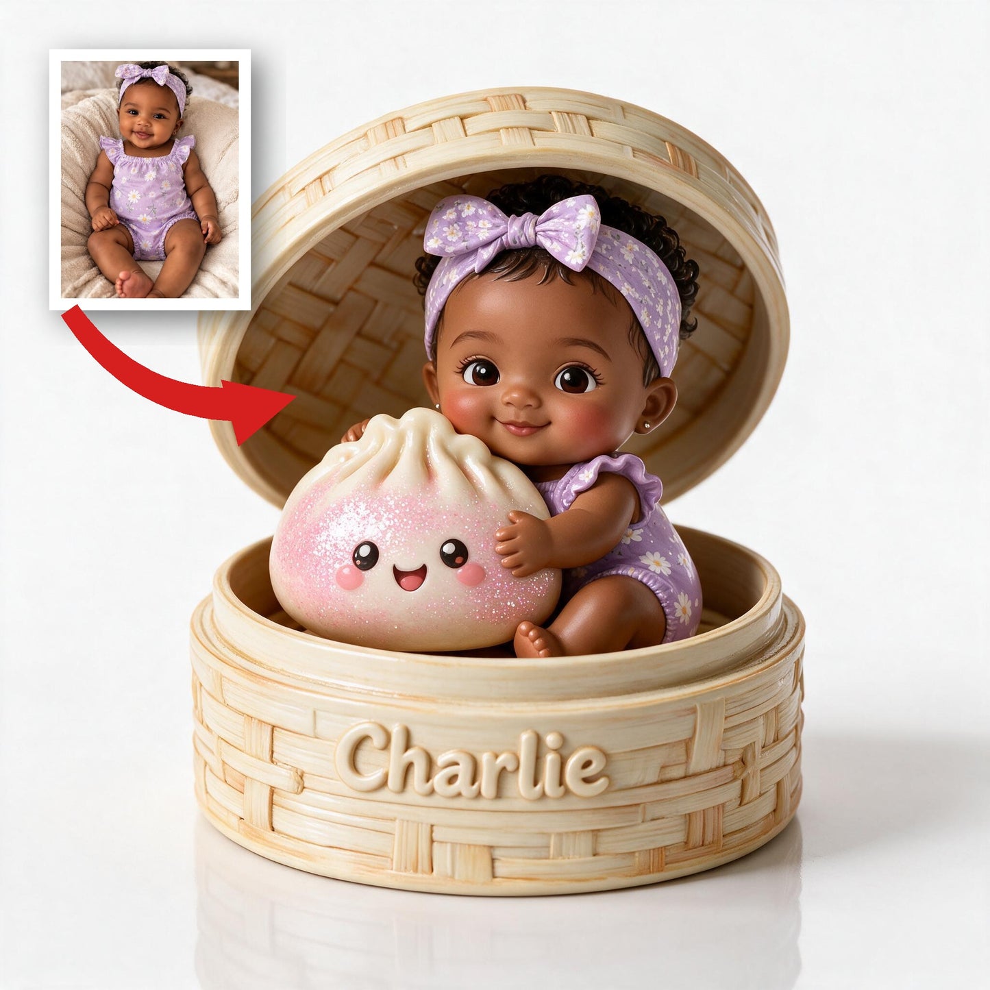 Plaque Acrylique Personnalisée Adorable Bébé Noir dans un Cuiseur Vapeur en Bambou avec Ravioli Mignon, Cadeau Souvenir pour Nouveau-né