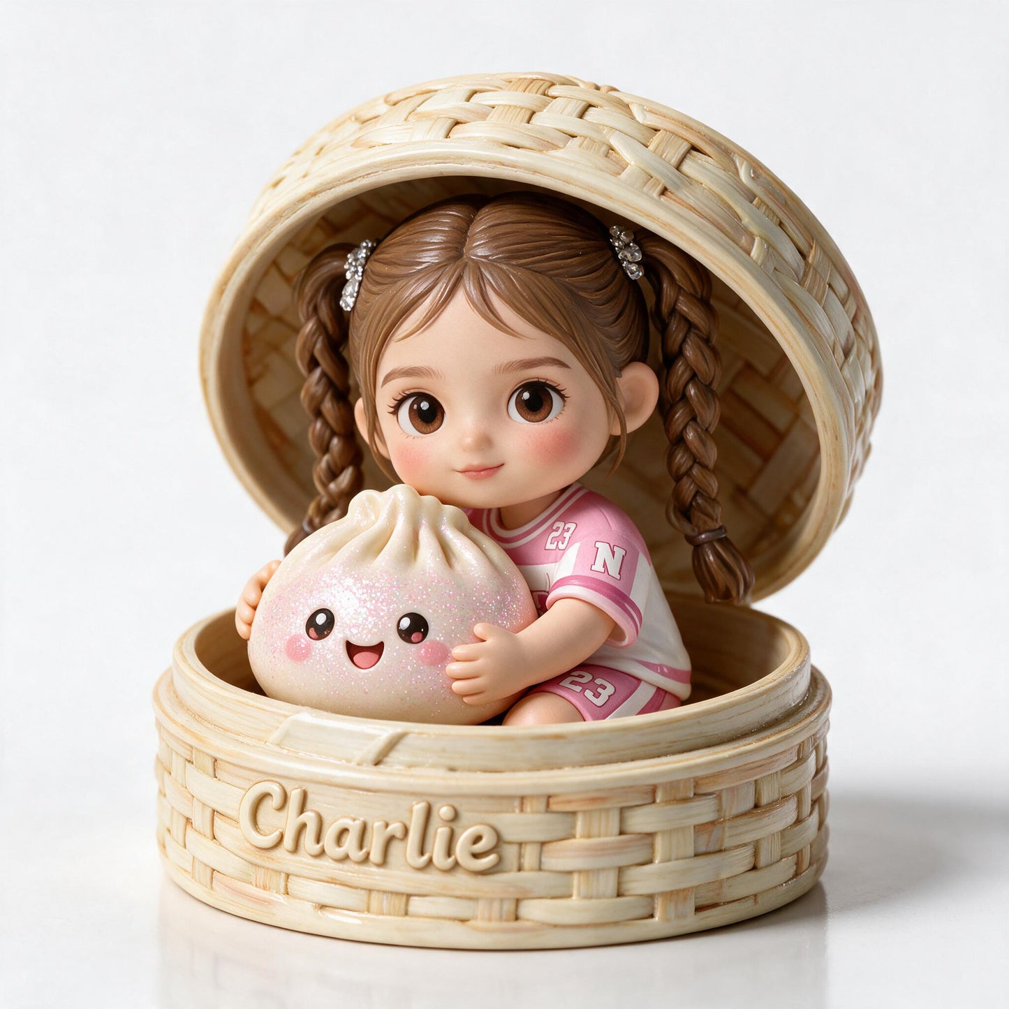 Niedliche Chibi-Mädchenfigur umarmt Kawaii-Dumpling - Personalisierte doppelseitige Acrylplakette