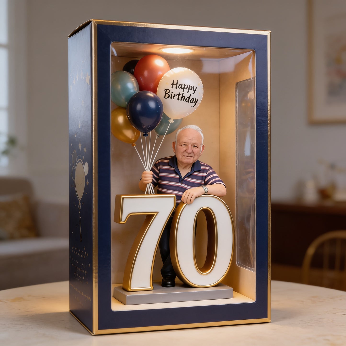 Personalisierte 70. Geburtstags-Acrylplakette, älterer Mann mit Luftballons, Erinnerungsstück für Papa oder Opa