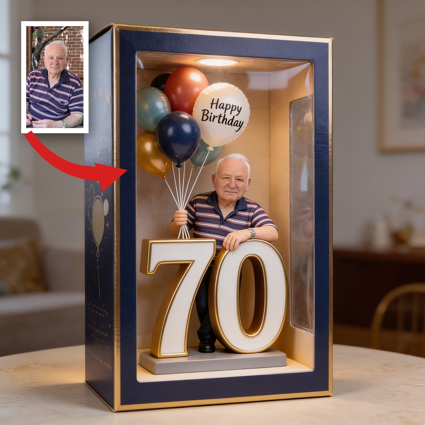 Personalisierte 70. Geburtstags-Acrylplakette, älterer Mann mit Luftballons, Erinnerungsstück für Papa oder Opa
