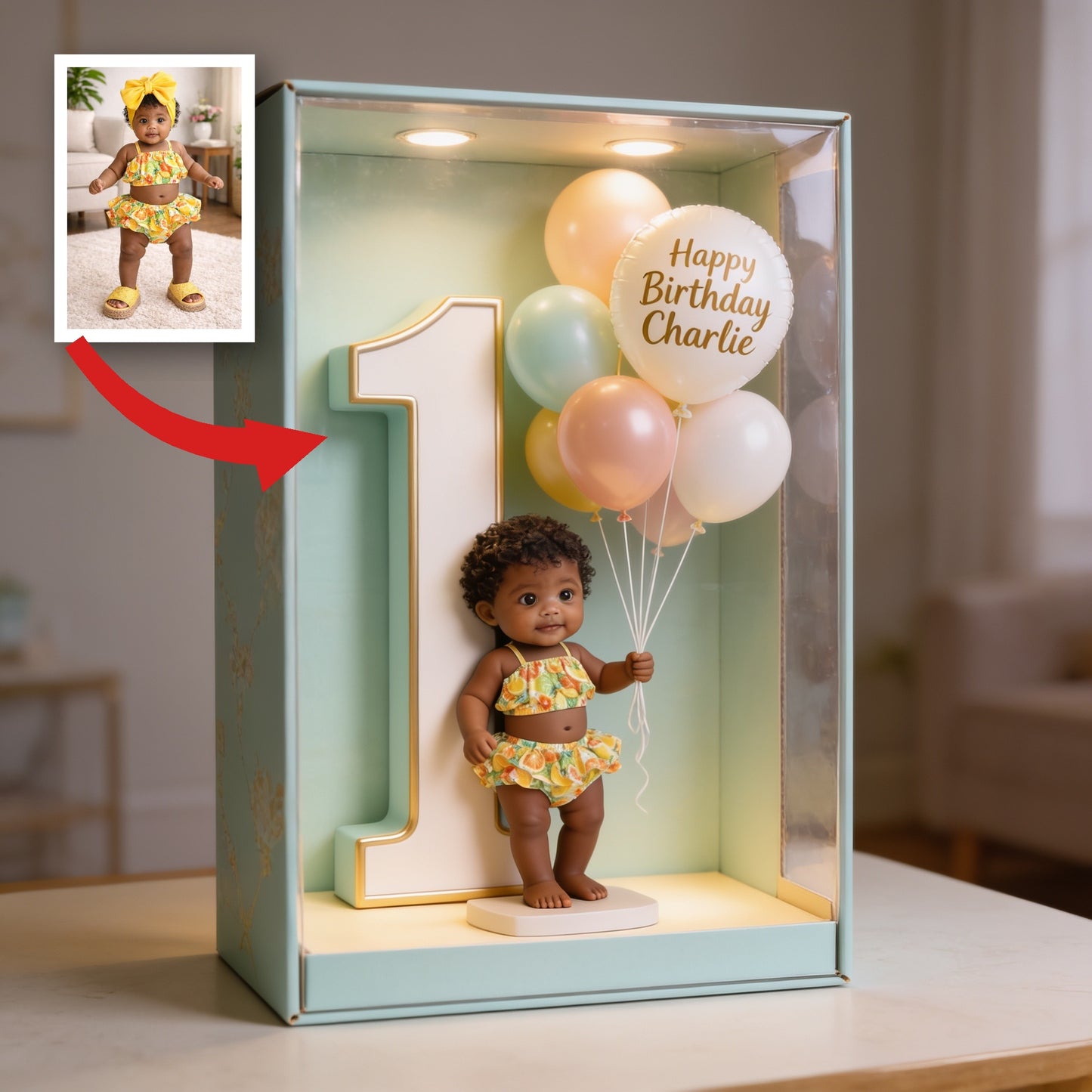 Personalisierte 1. Geburtstagsplakette mit süßem Baby und Ballons