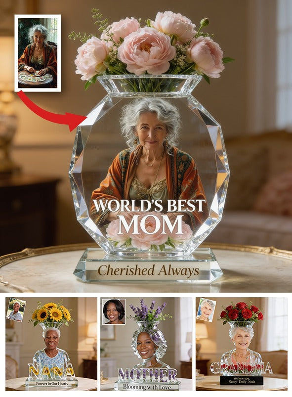 Personalized Elderly Gray Haired Mom Acrylic Flower Pot, Thoughtful Mother's Day Keepsake Gift for Mom Grandma Home Floral Display Decor
