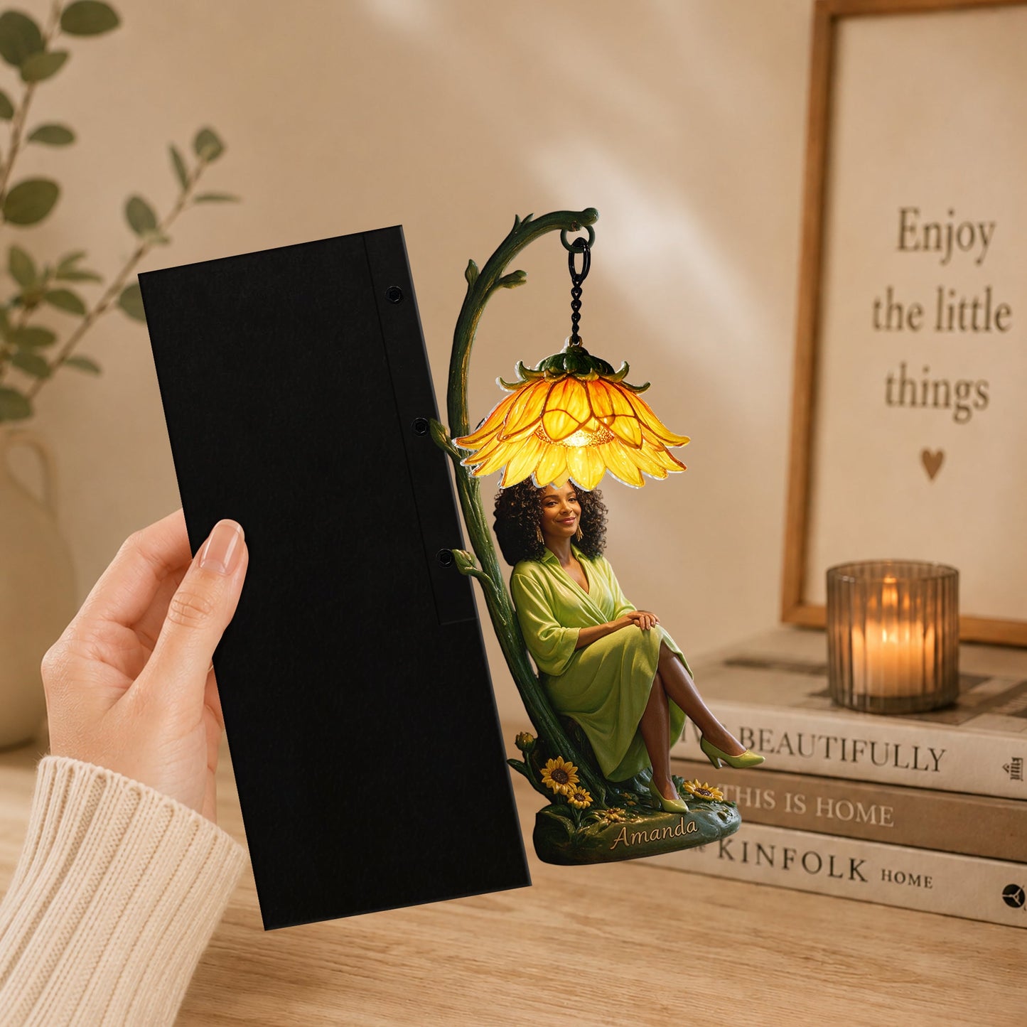 Custom Personalized Flower Crown Old Woman Bookshelf Lamp Cozy Reading Nook Decor Gift for Book Lovers
