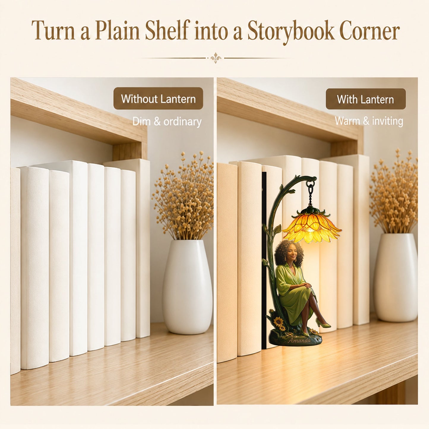 Personalized Adult Woman Pink Peony Bookshelf Lamp, Custom Cozy Reading Nook Decor Gift for Book Lovers