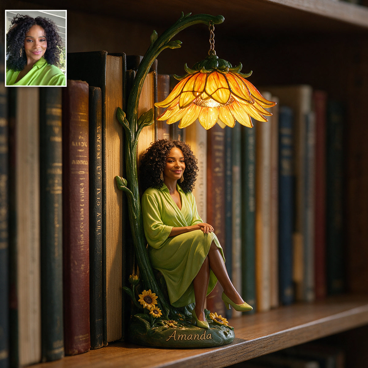 Personalized Red-Haired Adult Woman Peony Bookshelf Lamp Custom Cozy Reading Nook Decor Unique Book Lover Gift