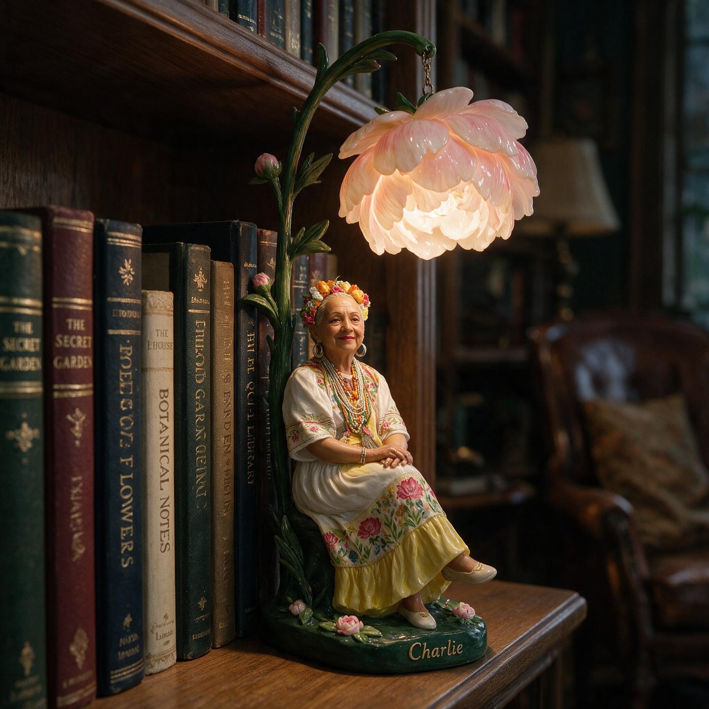 Custom Personalized Flower Crown Old Woman Bookshelf Lamp Cozy Reading Nook Decor Gift for Book Lovers
