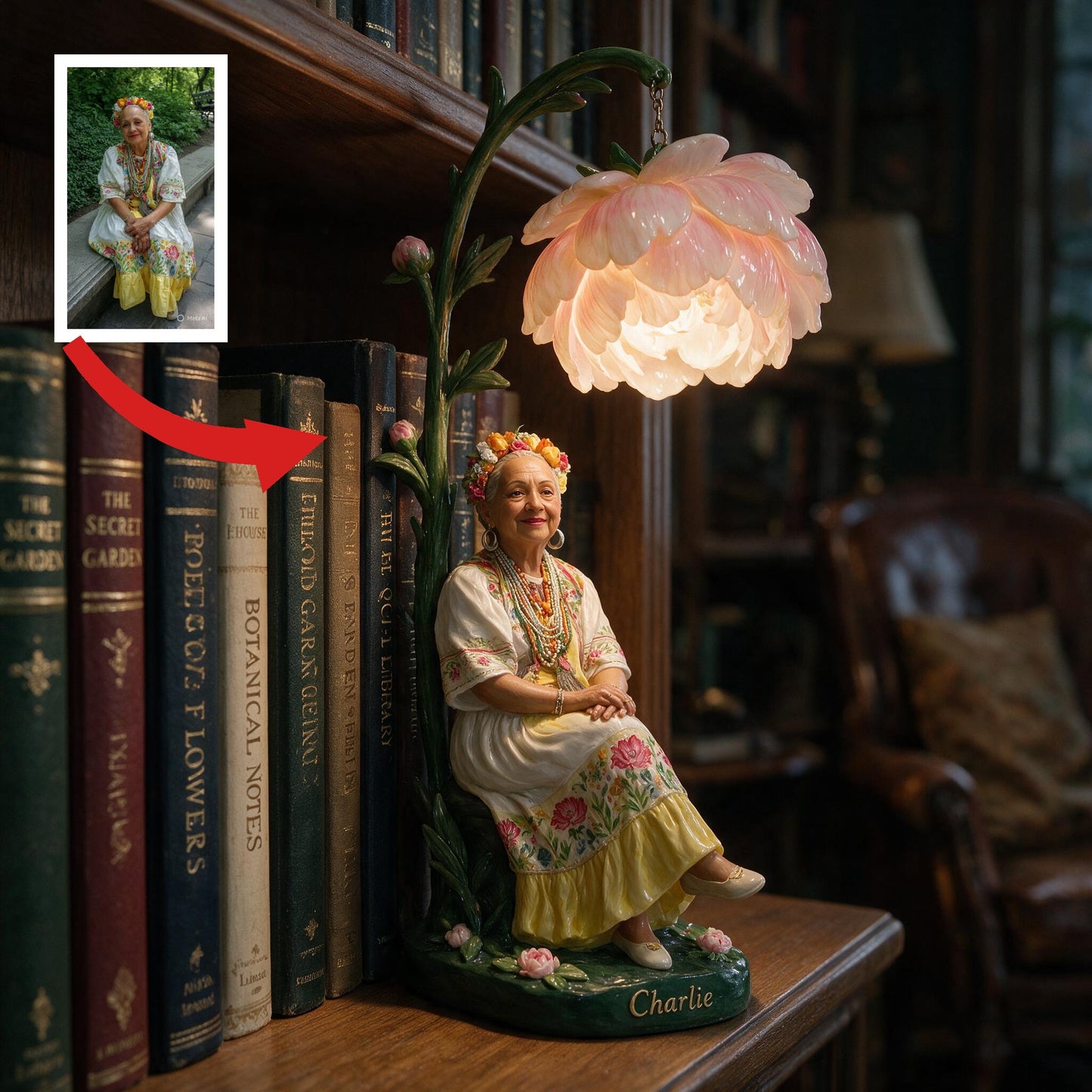 Custom Personalized Flower Crown Old Woman Bookshelf Lamp Cozy Reading Nook Decor Gift for Book Lovers