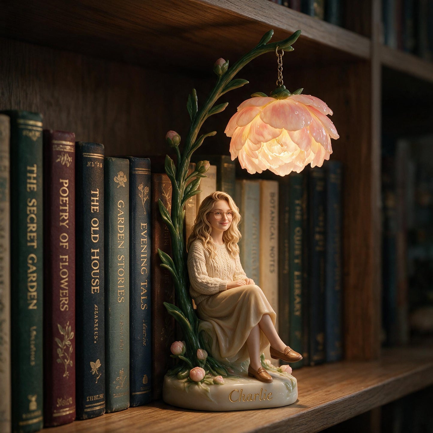 Personalized Seated Adult Woman Pink Peony Bookshelf Lamp - Cozy Reading Nook Self Love Home Decor Gift