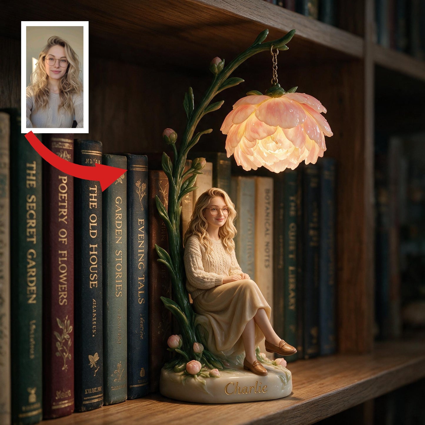 Personalized Seated Adult Woman Pink Peony Bookshelf Lamp - Cozy Reading Nook Self Love Home Decor Gift