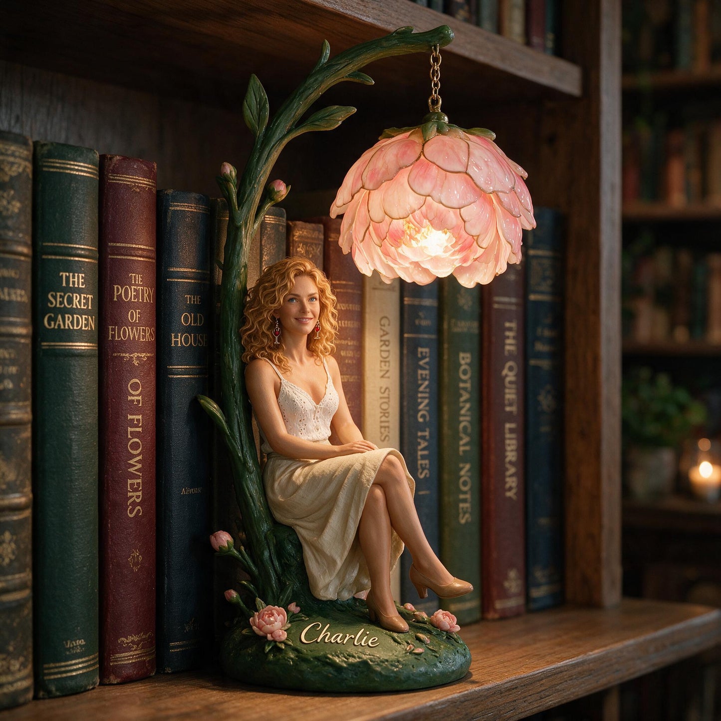 Personalized Seated Latin Woman Peony Flower Bookshelf Lamp Custom Cozy Reading Nook Home Decor Gift