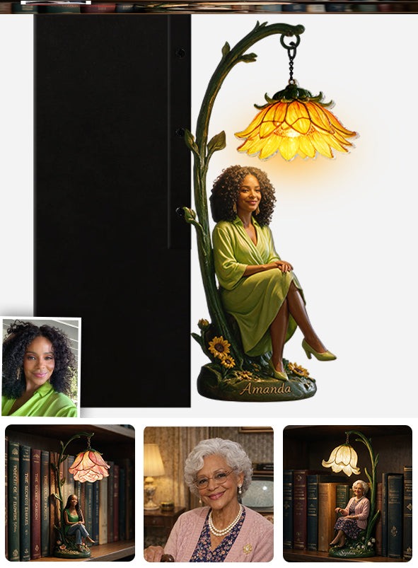 Personalized Seated Latin Woman Peony Flower Bookshelf Lamp Custom Cozy Reading Nook Home Decor Gift