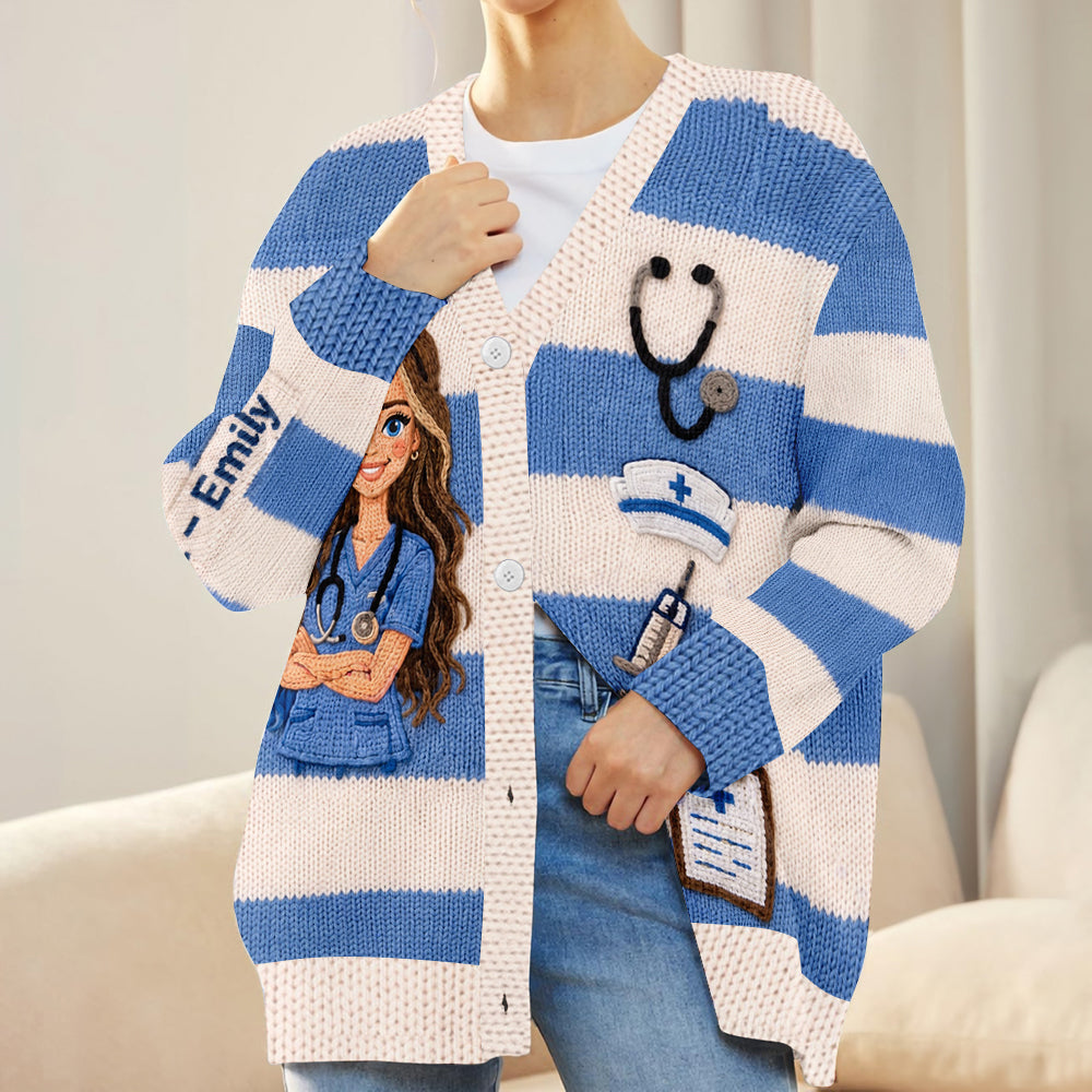 Personalized Custom Photo Nurse Life Knit Cardigan Sweater - Registered Nurse Appreciation Gift for Work & Everyday Wear