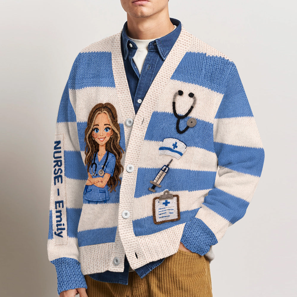Personalized Registered black Nurse Life Striped Knit Cardigan Sweater, Thoughtful Appreciation Gift for Healthcare Workers