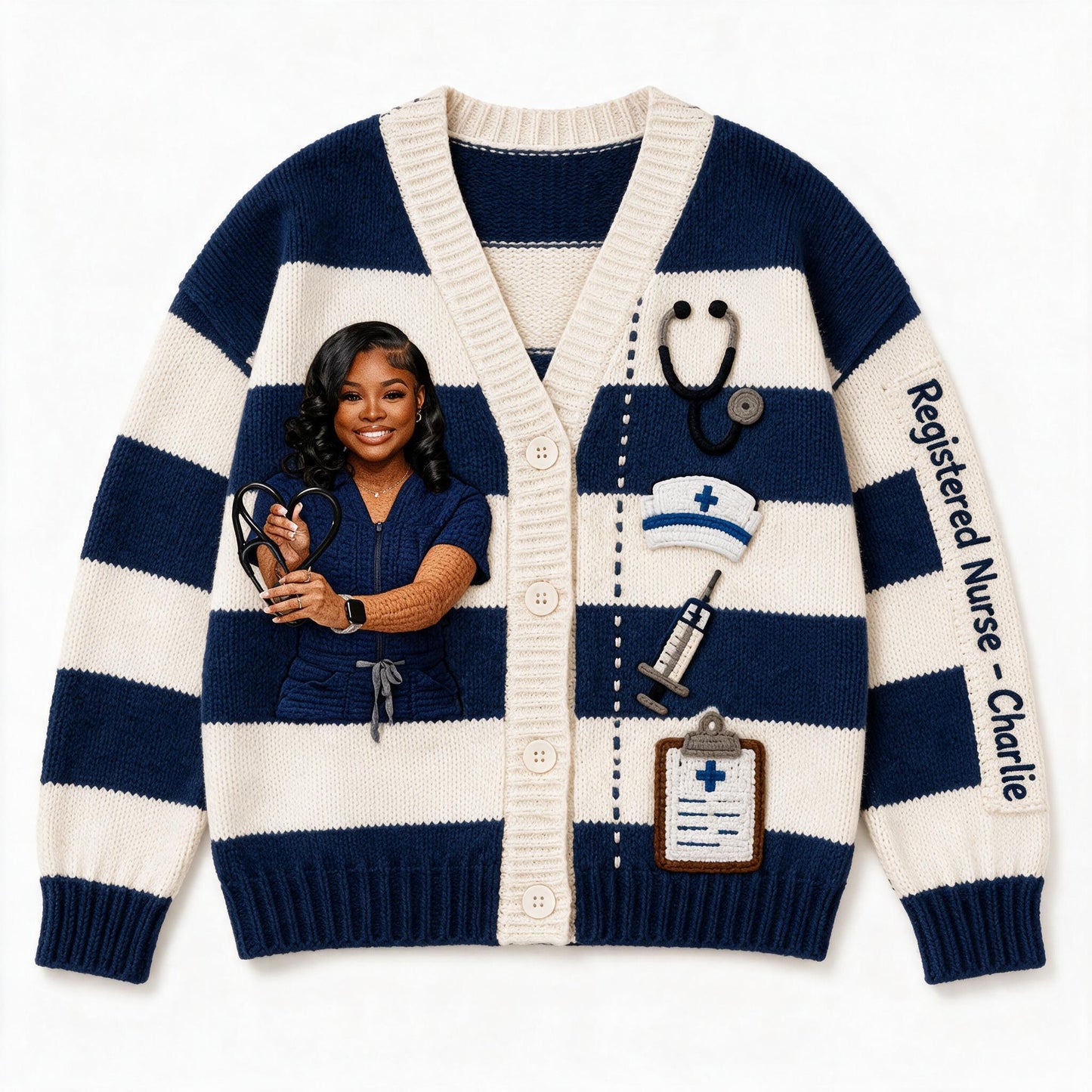 Personalized Registered black Nurse Life Striped Knit Cardigan Sweater, Thoughtful Appreciation Gift for Healthcare Workers