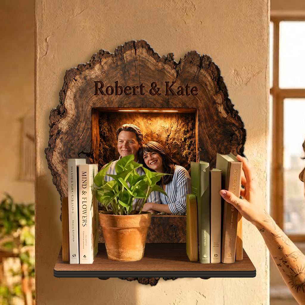 Rustic Personalized Couple Portrait Wooden Floating Shelf | Funny No Returns Relationship Gift for Anniversaries, Valentine and Housewarming