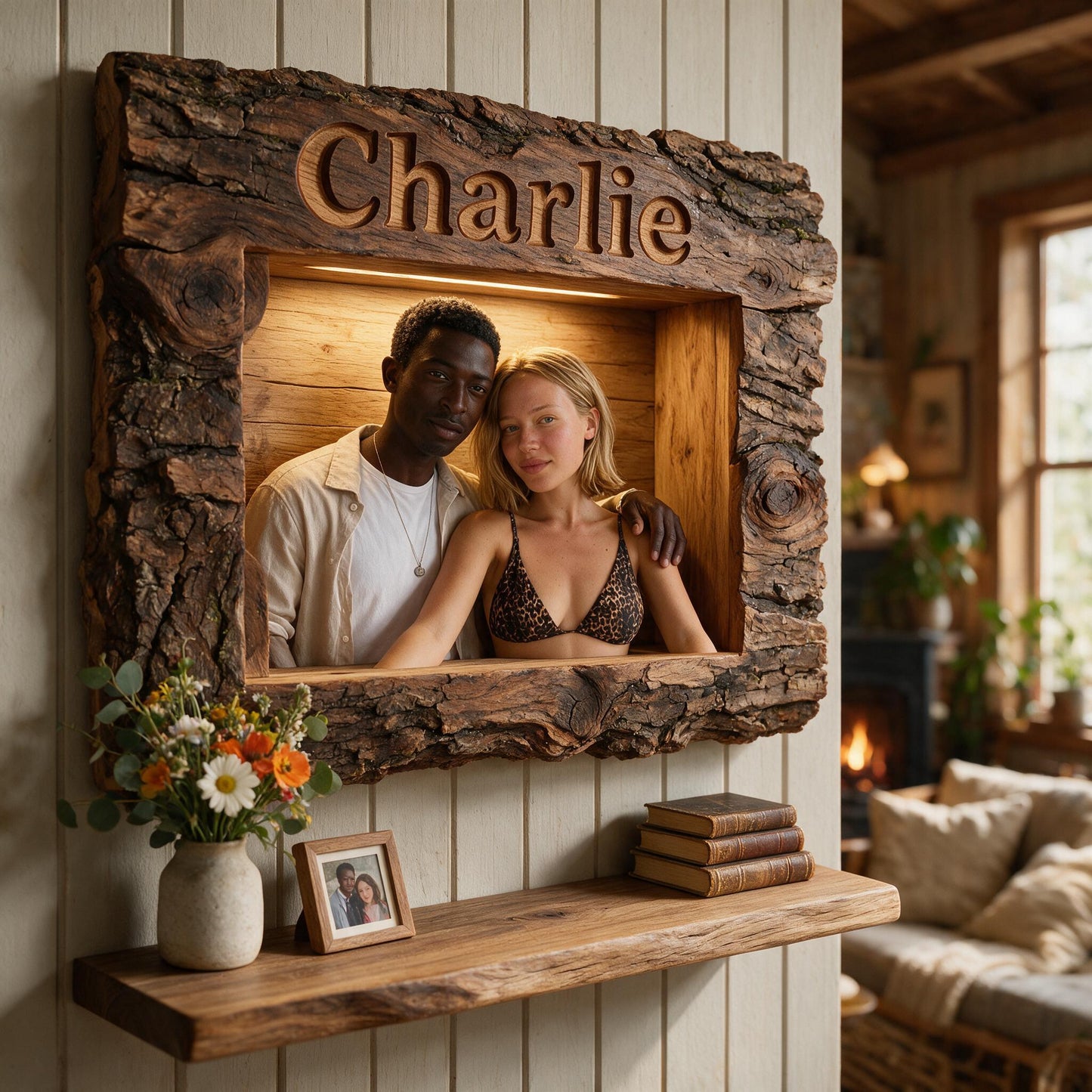 Rustic Personalized Couple Portrait Wooden Floating Shelf | Funny No Returns Relationship Gift for Anniversaries, Valentine and Housewarming