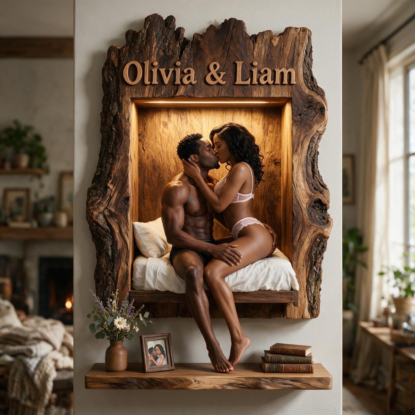 Personalized Romantic Naughty Black Couple Live Edge Wooden Floating Shelf Custom Wall Decor Gift for Valentine's Day, Anniversaries