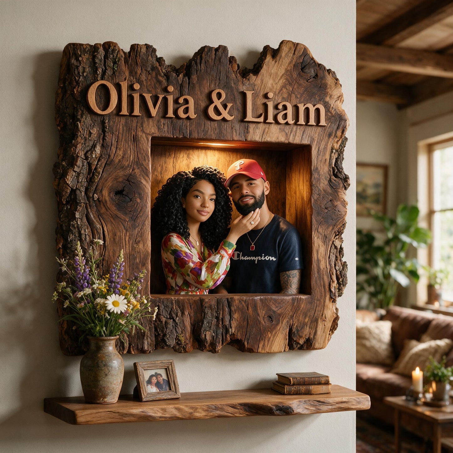 Personalized Rustic Live Edge Latin Couple Wooden Floating Shelf Romantic Custom Wall Decor Valentine Anniversary Gift