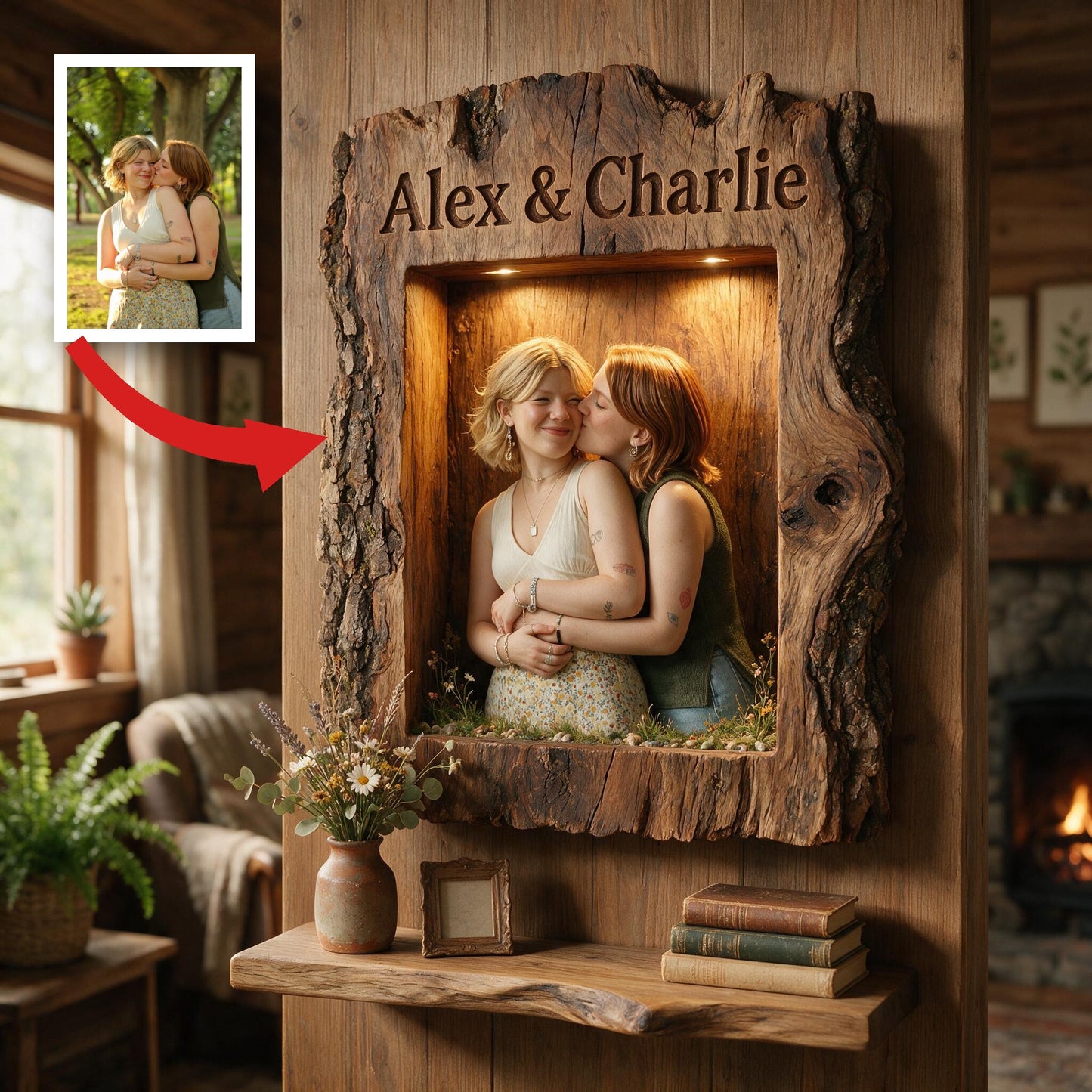 Personalized Rustic LGBTQ Couple Wooden Floating Shelf, Custom Wall Decor Gift for Anniversary, Pride, Housewarming or Valentine's Day