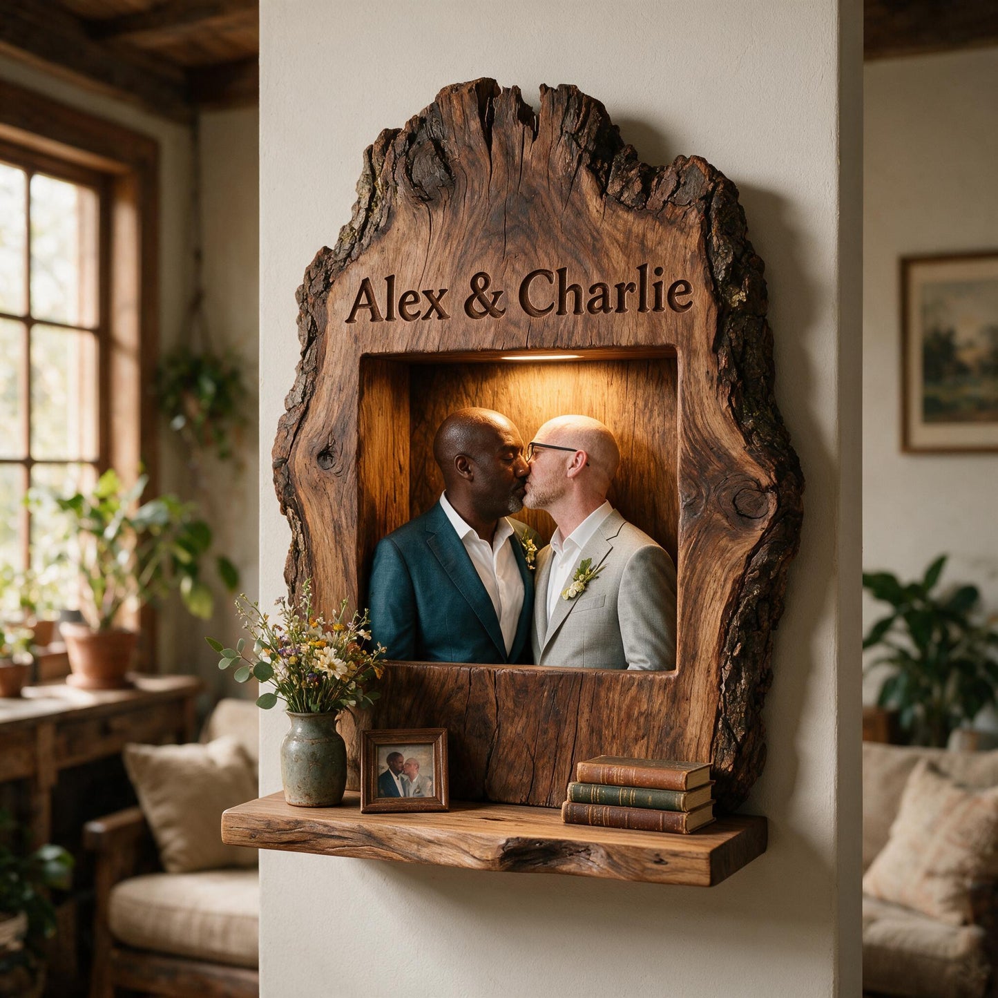 Personalized Rustic Live Edge LGBT Old Couple Wooden Floating Shelf | Custom Wall Art Gift for Wedding Anniversary Home Decor