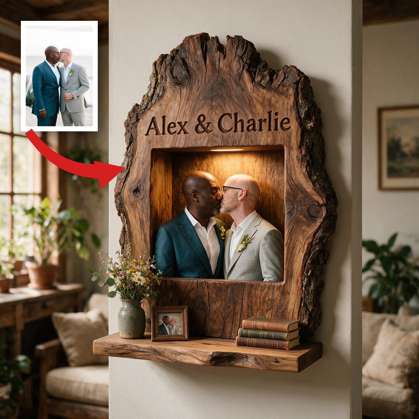 Personalized Rustic Live Edge LGBT Old Couple Wooden Floating Shelf | Custom Wall Art Gift for Wedding Anniversary Home Decor
