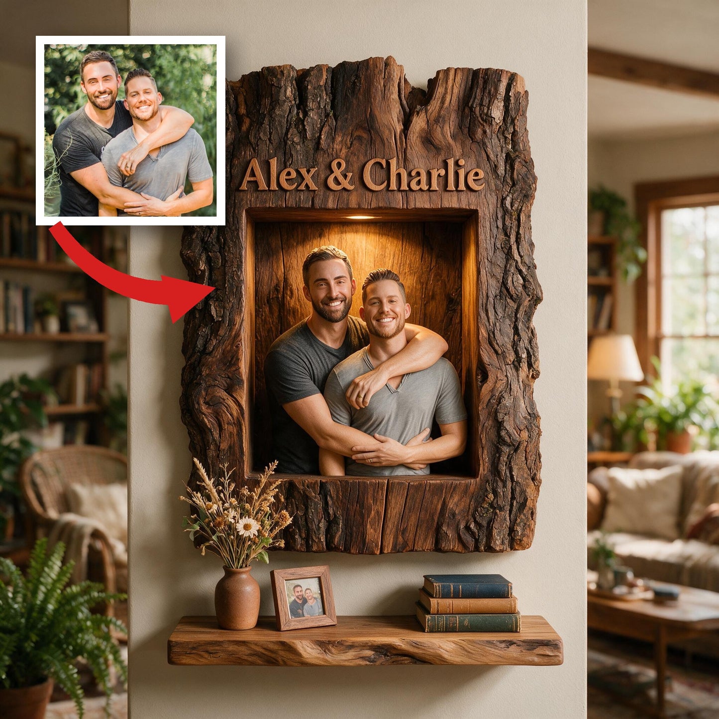 Personalized Rustic LGBTQ Couple Wooden Floating Shelf, Custom Gay Couple Gift for Home Decor, Anniversary or Housewarming