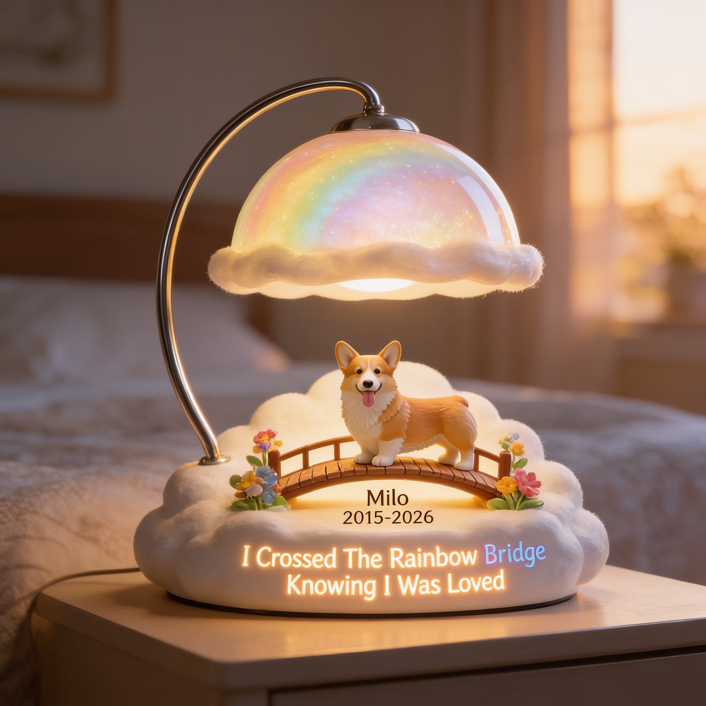 Personalisierte Tan Welsh Corgi Regenbogenbrücke Gedenk-Acryl-LED-Nachtlicht