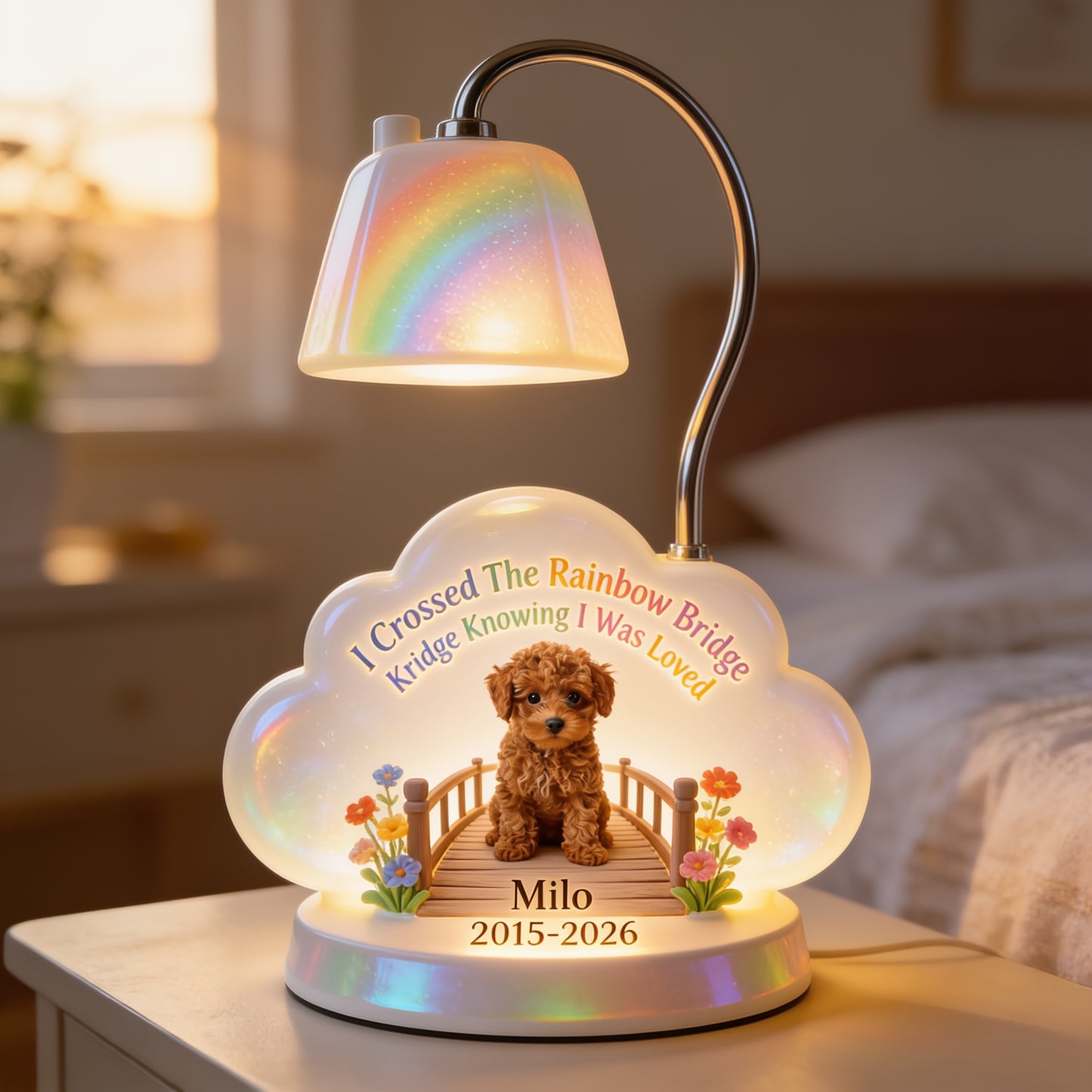 Personalisierte braune Pudel Rainbow Bridge Gedenk-Acryl-LED-Nachtlicht, Haustierverlust Andenken Geschenk