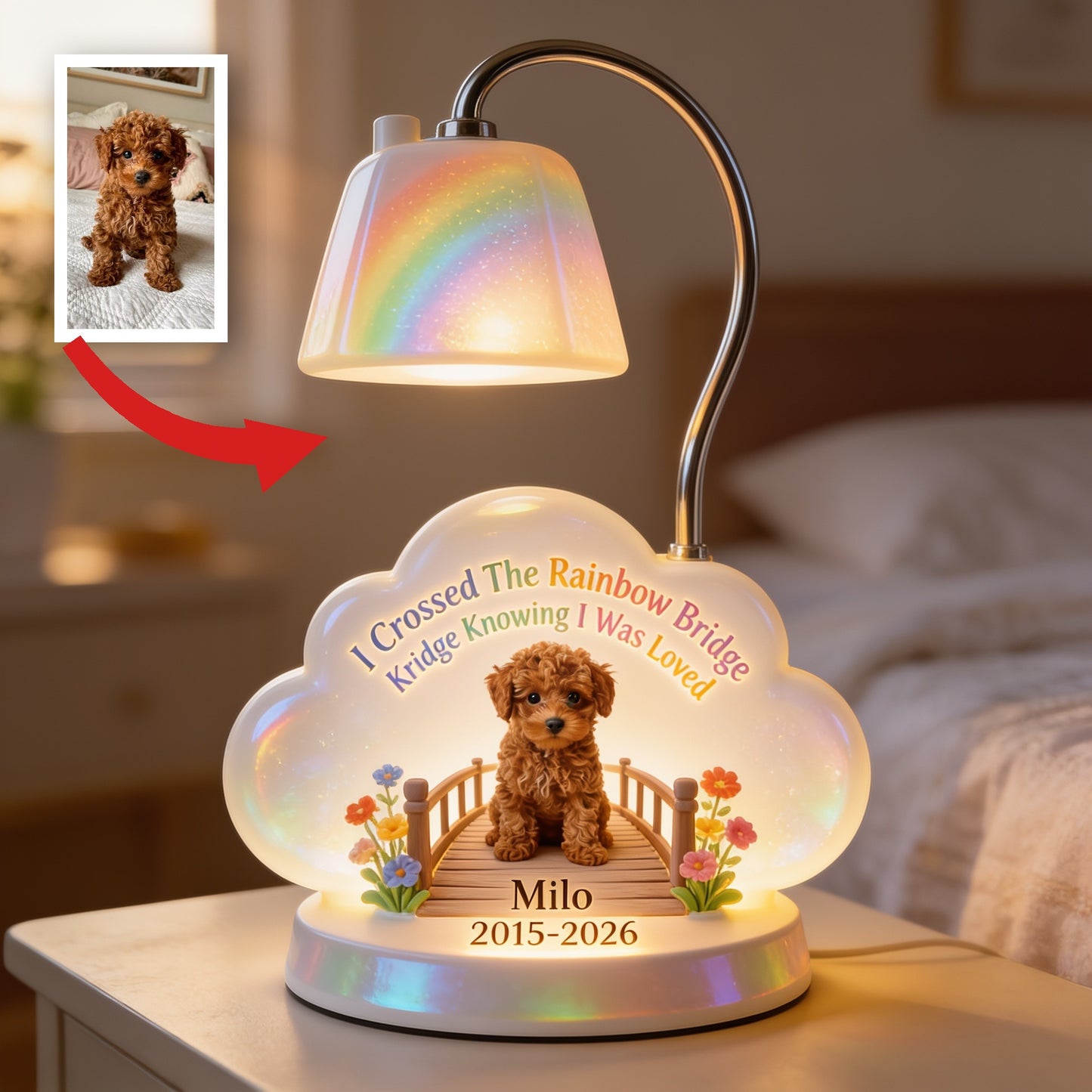 Personalisierte braune Pudel Rainbow Bridge Gedenk-Acryl-LED-Nachtlicht, Haustierverlust Andenken Geschenk