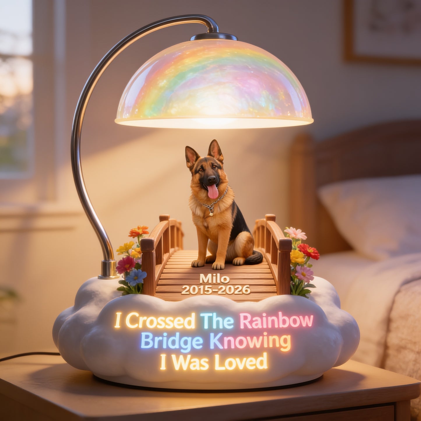 Personalisierte Deutsche Schäferhund Regenbogenbrücke Gedenk-Acryl-LED-Nachtlicht, Hund Verlust Mitgefühl Geschenk