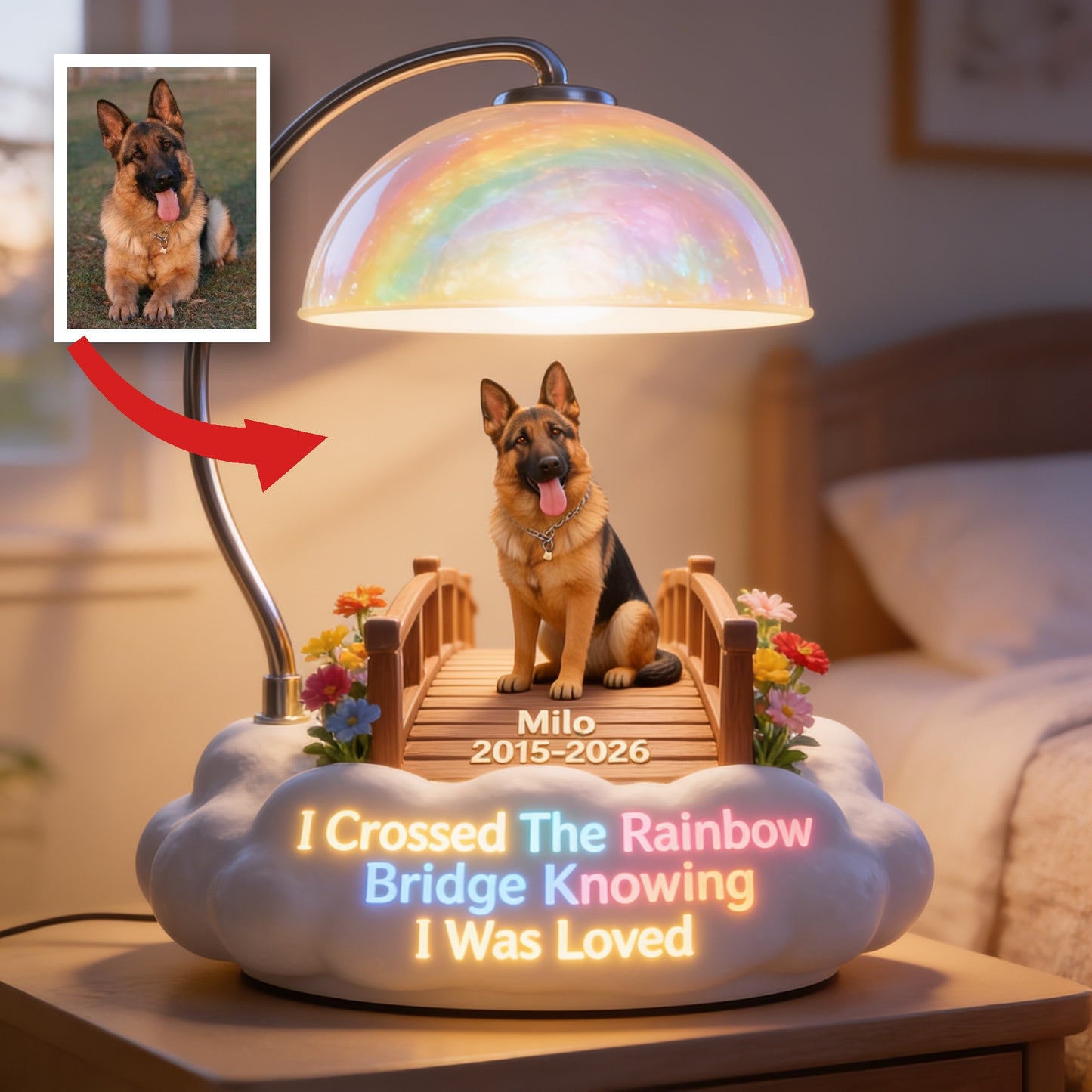 Personalisierte Deutsche Schäferhund Regenbogenbrücke Gedenk-Acryl-LED-Nachtlicht, Hund Verlust Mitgefühl Geschenk