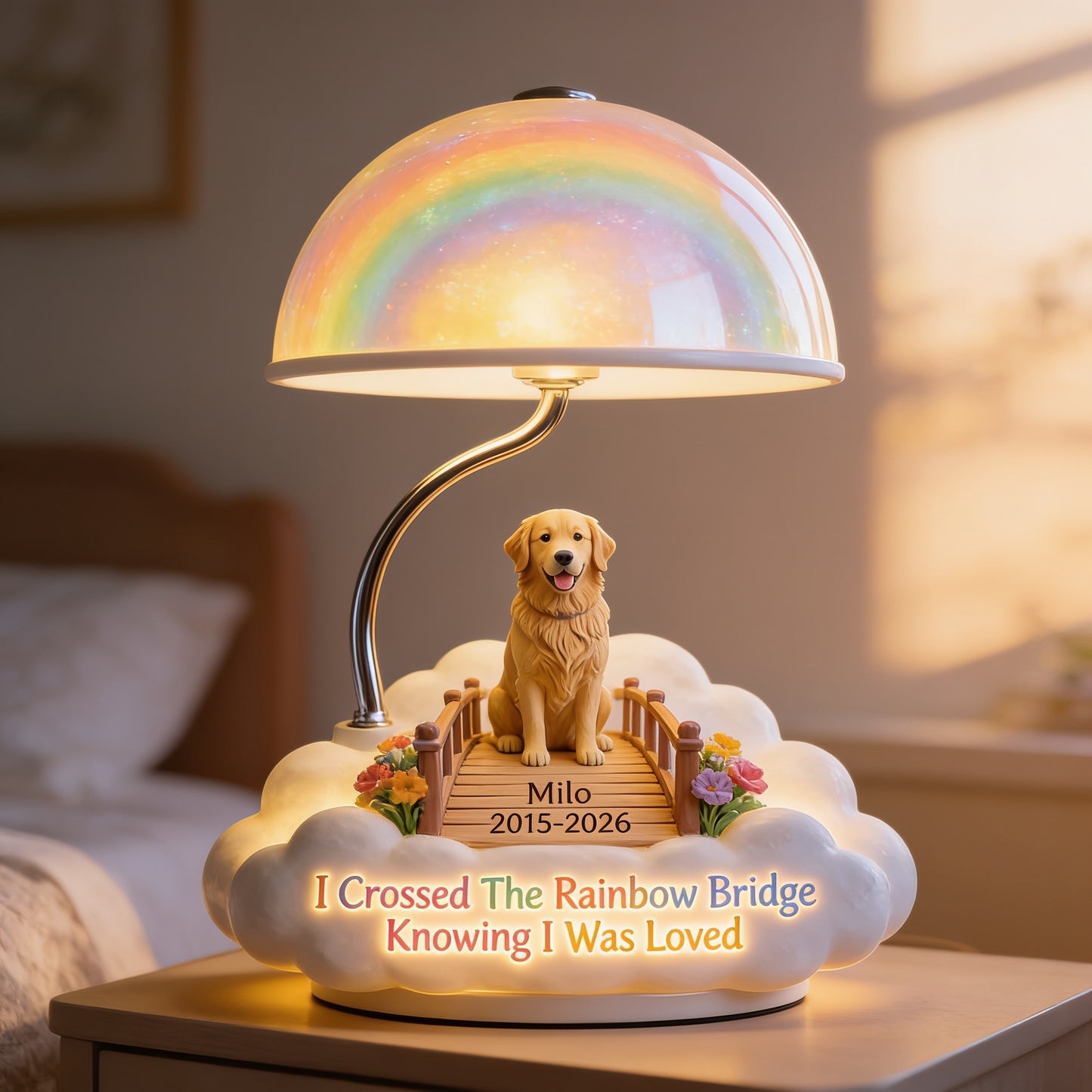 Personalisierte Golden Retriever Regenbogenbrücke LED Nachtlicht, individuelles Geschenk zur Erinnerung an Haustiere